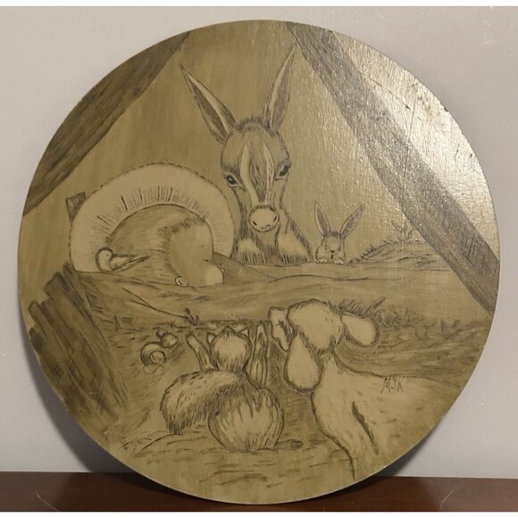 Vintage Painted Manger Picture Baby Jesus with animals Wooden 15" Round - Picture 1 of 9